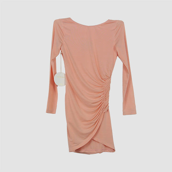 Miss Circle Peach Ruched Longsleeve Backless Mini Dress