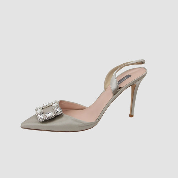 Silver Faux Leather Pointed Toe Shape Close Toe Slingback Heels Adjustable Strap