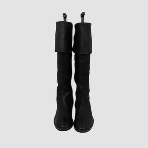 Black Leather Over The Knee Flat Boots Featuring stud Embellished Welt