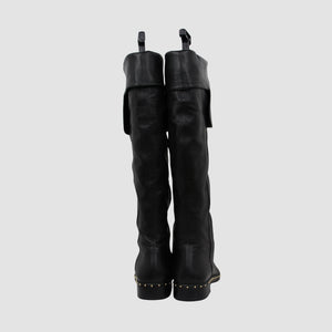 Black Leather Over The Knee Flat Boots Featuring stud Embellished Welt