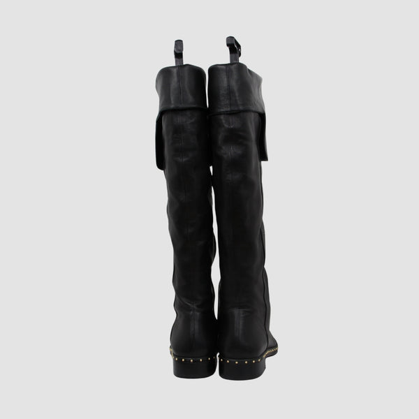 Black Leather Over The Knee Flat Boots Featuring stud Embellished Welt