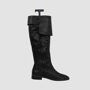 Black Leather Over The Knee Flat Boots Featuring stud Embellished Welt
