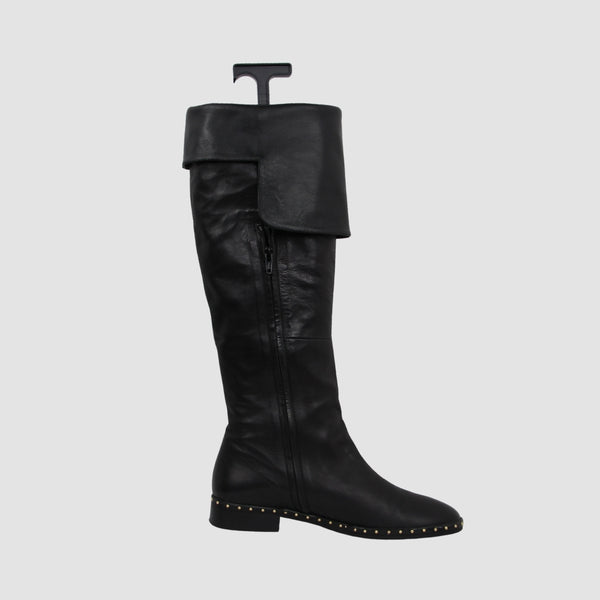 Black Leather Over The Knee Flat Boots Featuring stud Embellished Welt