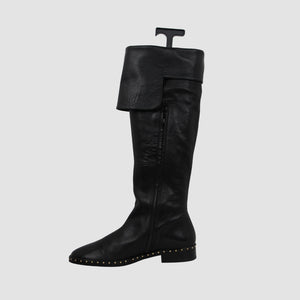 Black Leather Over The Knee Flat Boots Featuring stud Embellished Welt