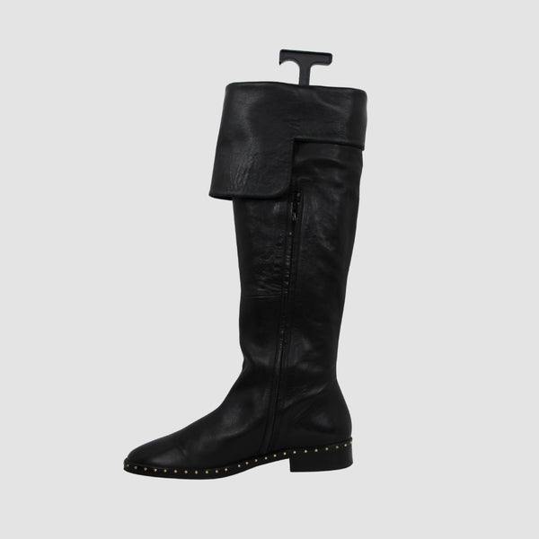 Black Leather Over The Knee Flat Boots Featuring stud Embellished Welt