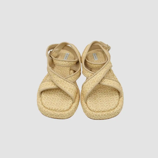 Light Brown Raffia Buckle-Fastening Ankle Strap Corssover Strap Detail open toe