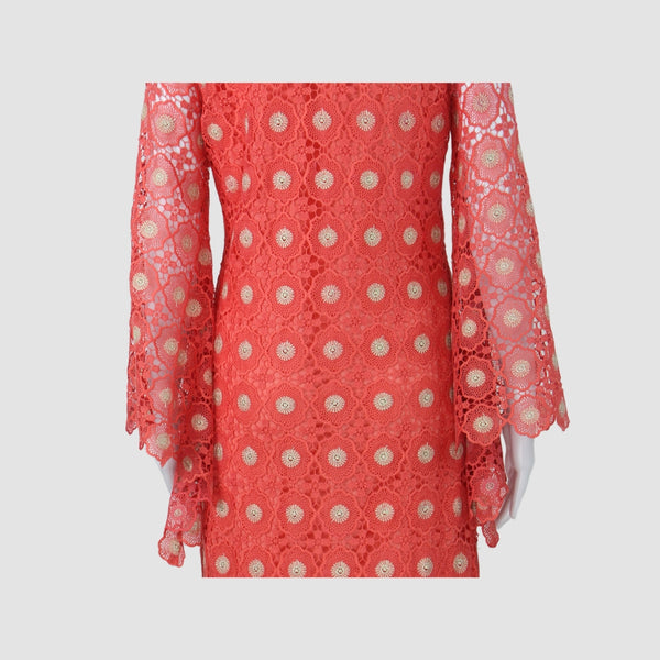 Coral Lace V-Neck Long Sleeve Maxi Dress