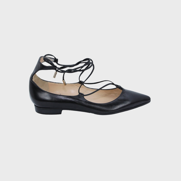 Black Leather Lace-Up Ballerina Shoes