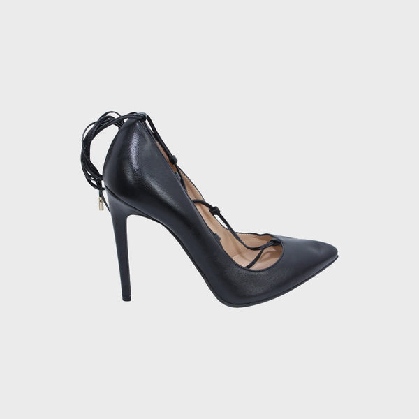 Black Leather Lace-Up High-Heels Shoes