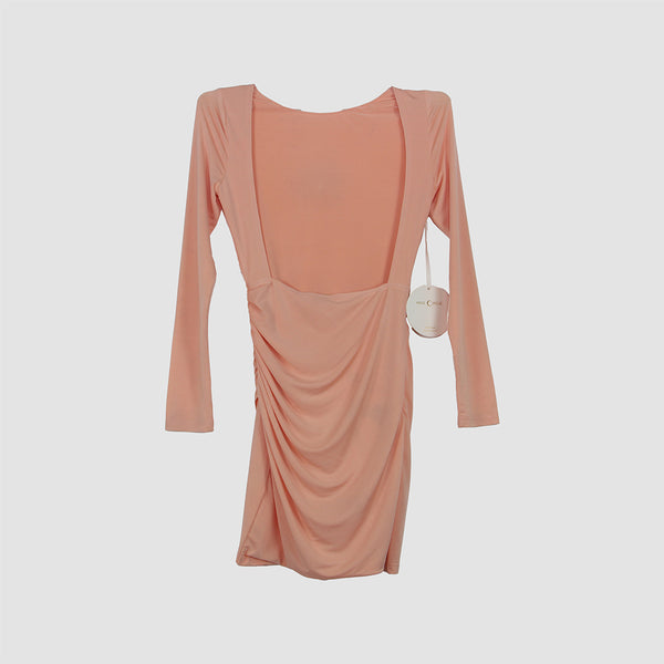 Miss Circle Peach Ruched Longsleeve Backless Mini Dress