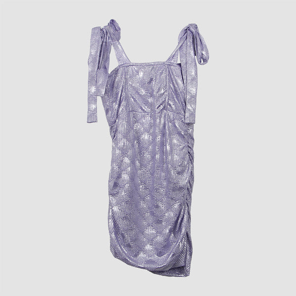 Lilac Metallic Bustier Shoulder Tie Mini Dress
