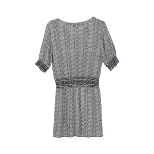 White Printed Drawstring Neckline Short Midi Dress