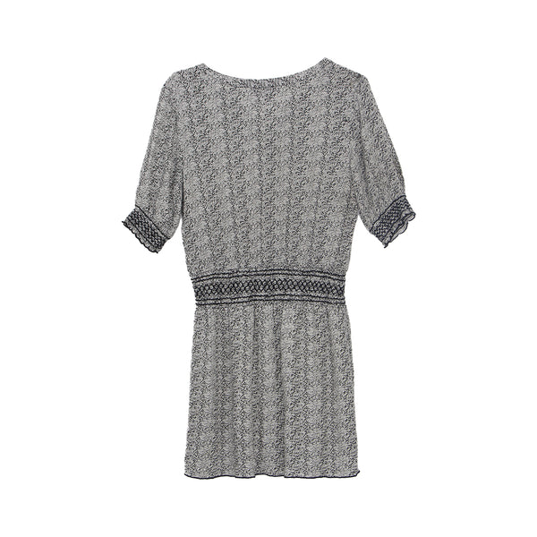 White Printed Drawstring Neckline Short Midi Dress