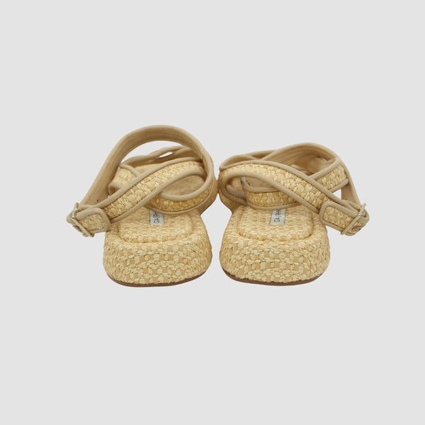 Light Brown Raffia Buckle-Fastening Ankle Strap Corssover Strap Detail open toe