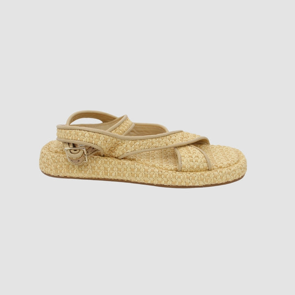 Light Brown Raffia Buckle-Fastening Ankle Strap Corssover Strap Detail open toe