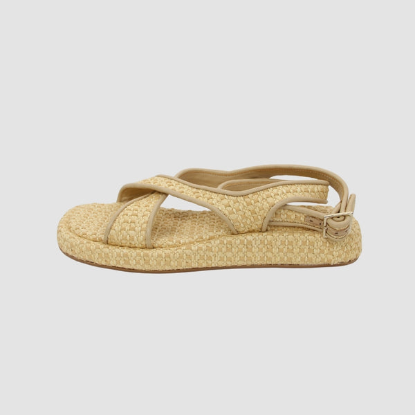 Light Brown Raffia Buckle-Fastening Ankle Strap Corssover Strap Detail open toe