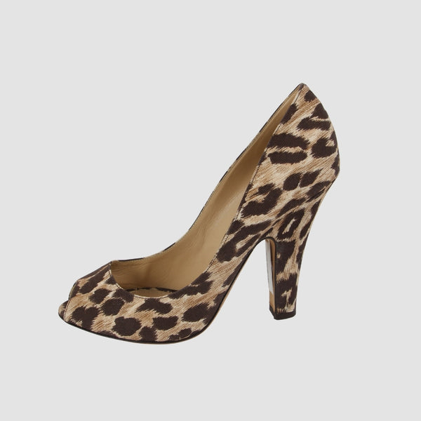 Leopard Print Canvas Peep Toe Pumps