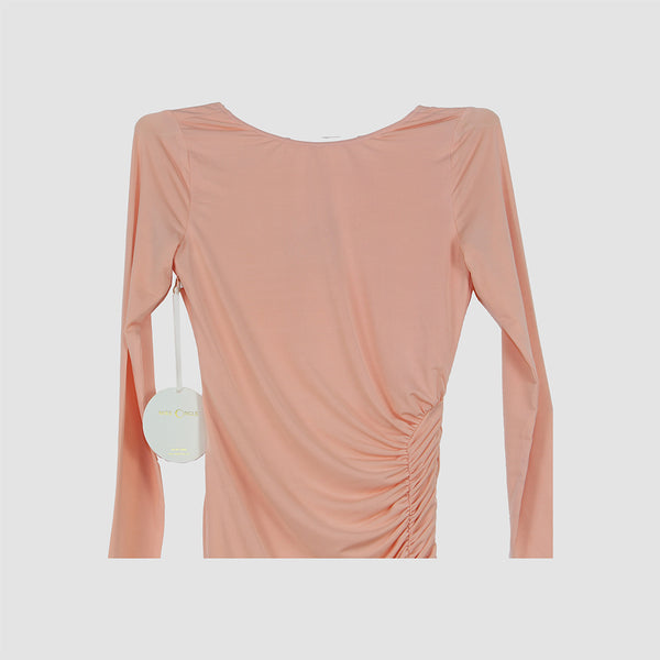 Miss Circle Peach Ruched Longsleeve Backless Mini Dress