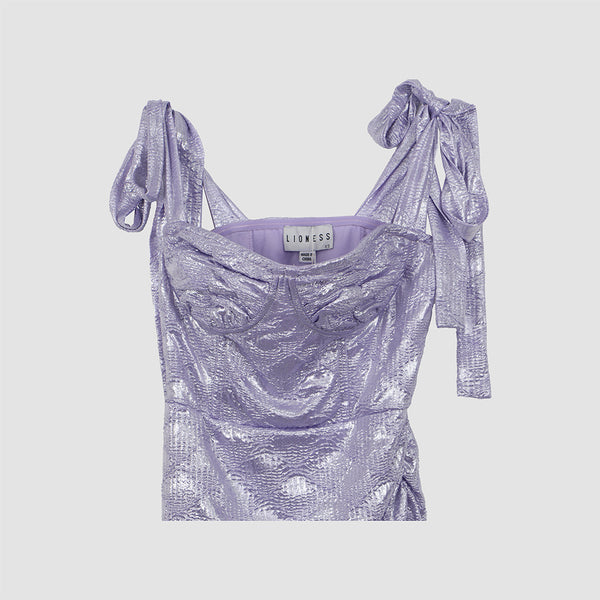 Lilac Metallic Bustier Shoulder Tie Mini Dress