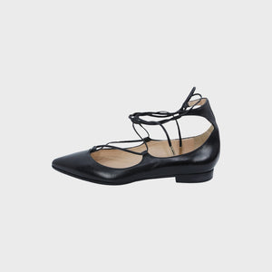 Black Leather Lace-Up Ballerina Shoes