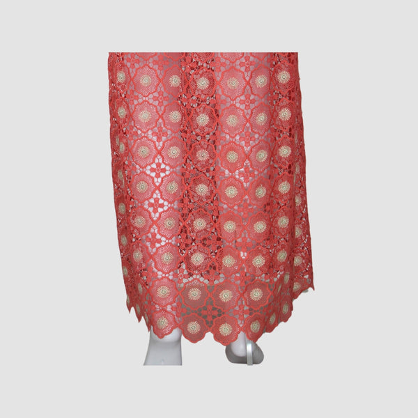Coral Lace V-Neck Long Sleeve Maxi Dress