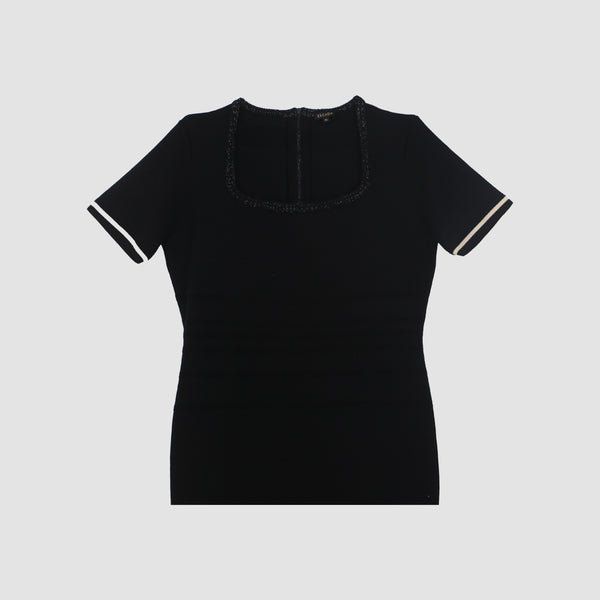 Black Square Neckline Short Sleeve Midi Dress