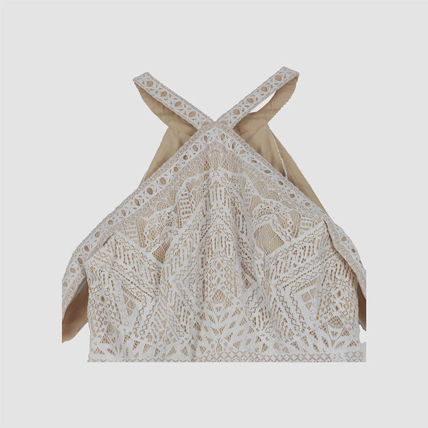 BcbgMaxazria Off White Leighann Lace Halter Cocktail Dress