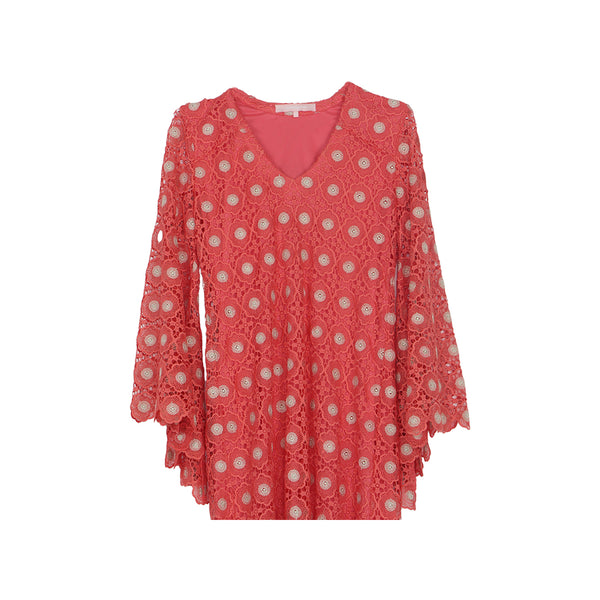 Valerie Khalfon Coral Lace V-Neck Long Sleeve Maxi Dress