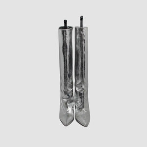 Silver Pointy Toe Stiletto Knee High Boots Feature Leather Upper