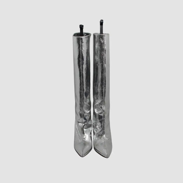 Silver Pointy Toe Stiletto Knee High Boots Feature Leather Upper