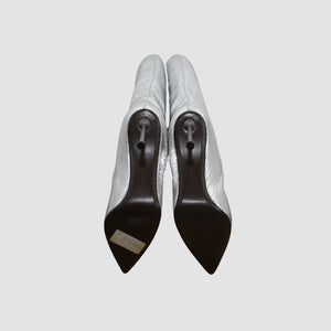 Silver Pointy Toe Stiletto Knee High Boots Feature Leather Upper