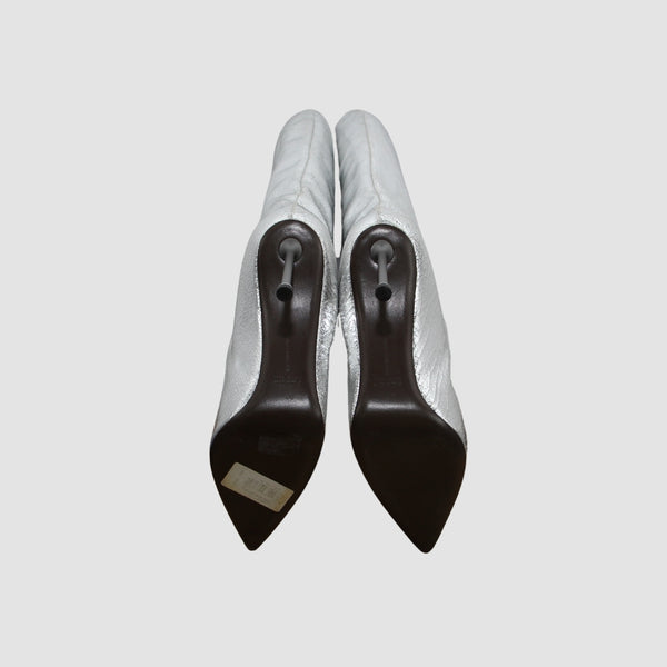 Silver Pointy Toe Stiletto Knee High Boots Feature Leather Upper