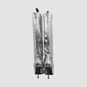 Silver Pointy Toe Stiletto Knee High Boots Feature Leather Upper