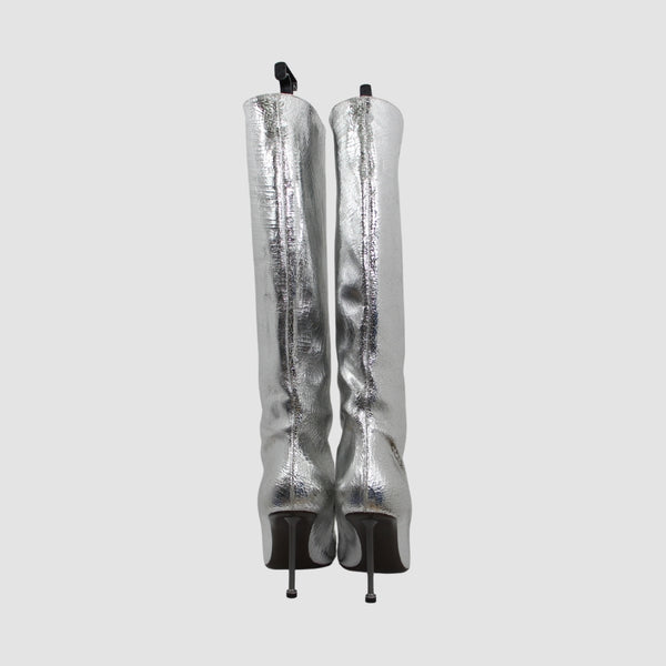 Silver Pointy Toe Stiletto Knee High Boots Feature Leather Upper