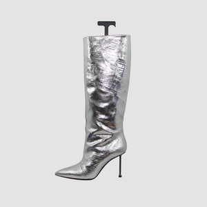 Silver Pointy Toe Stiletto Knee High Boots Feature Leather Upper