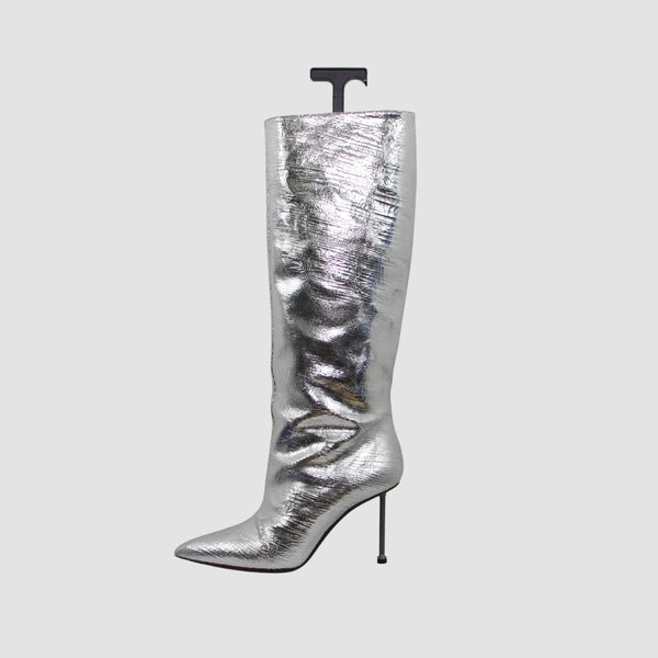 Silver Pointy Toe Stiletto Knee High Boots Feature Leather Upper