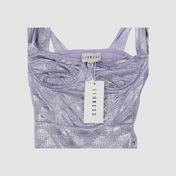 Lilac Metallic Bustier Shoulder Tie Mini Dress