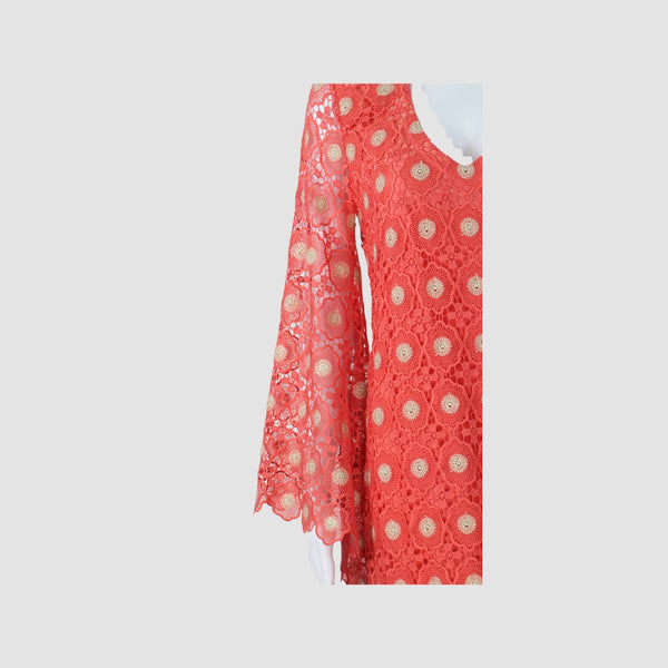 Coral Lace V-Neck Long Sleeve Maxi Dress