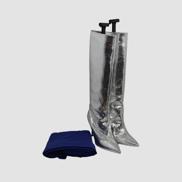 Silver Pointy Toe Stiletto Knee High Boots Feature Leather Upper
