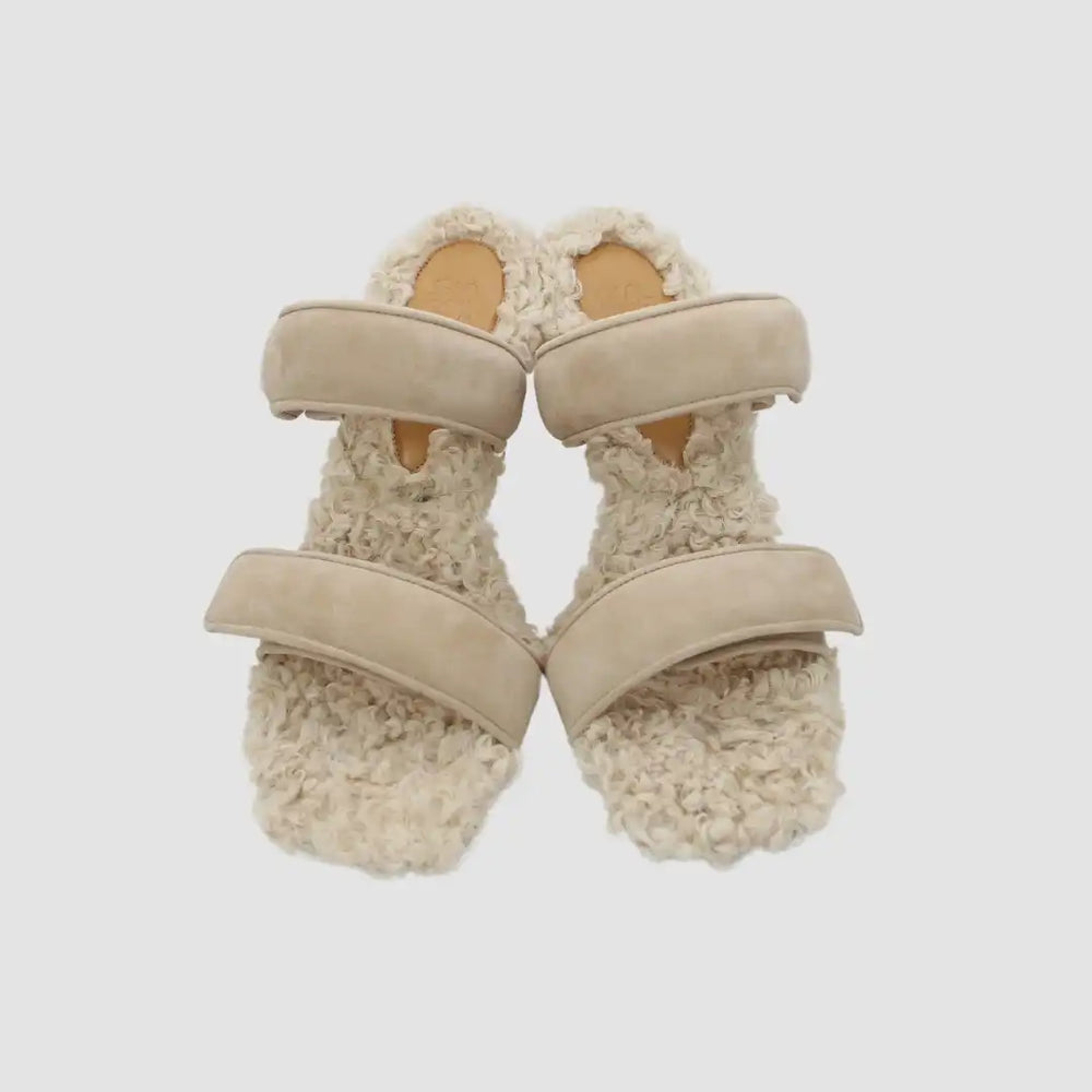 Beige Line with Faux Fur On The Cover Sole Suede Square Shape Covered Stiletto Heel