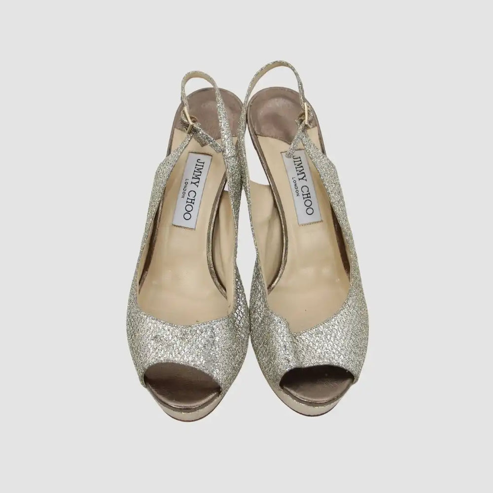 Gold Glitter and Lace Peep Toe Platform Ankle Strap Sandals