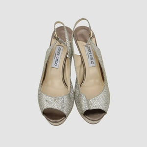 Gold Glitter and Lace Peep Toe Platform Ankle Strap Sandals