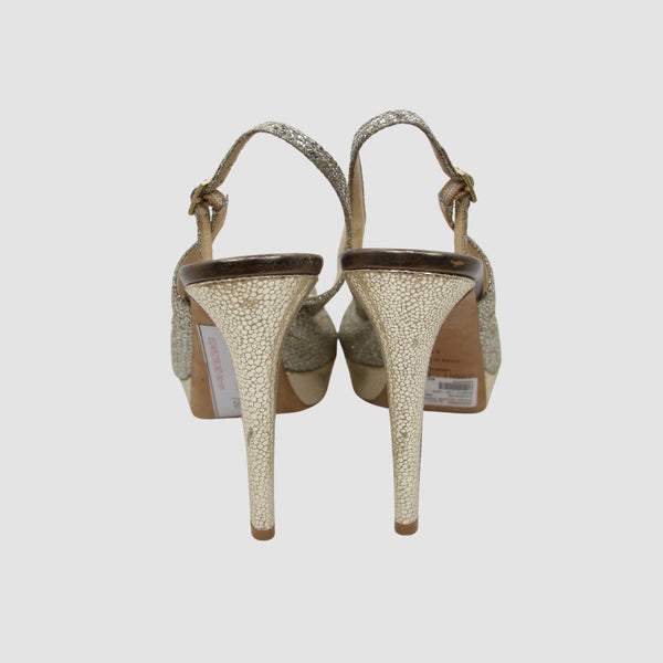 Gold Glitter and Lace Peep Toe Platform Ankle Strap Sandals