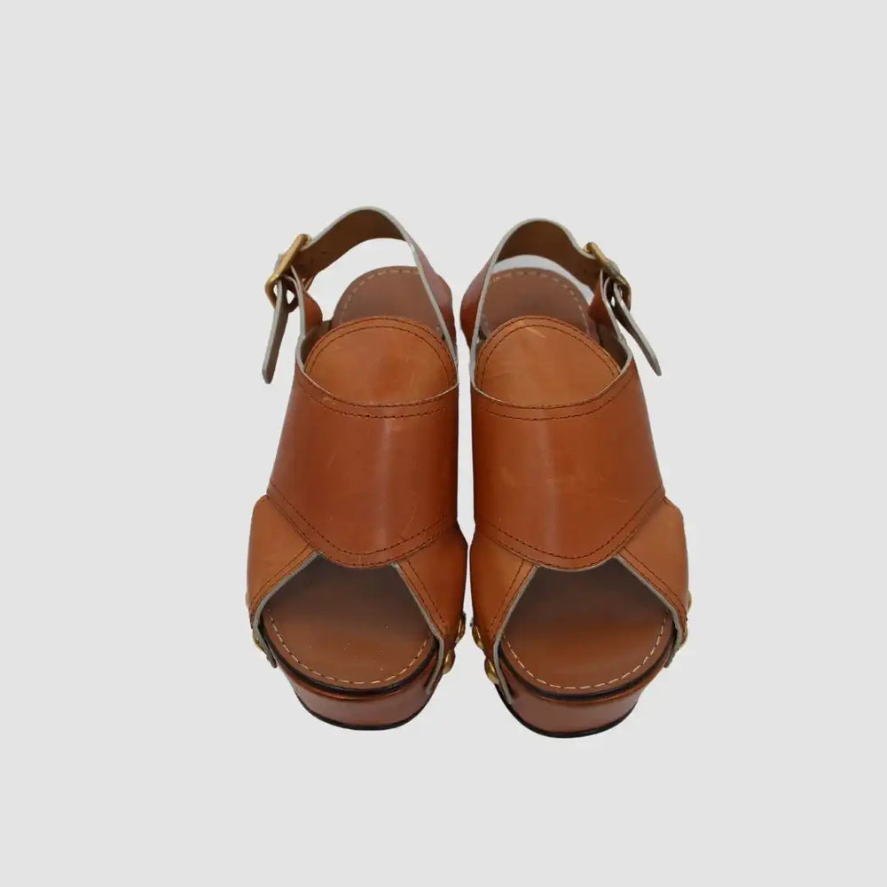 Cognac Camel Leather Mules Wedge Sandals