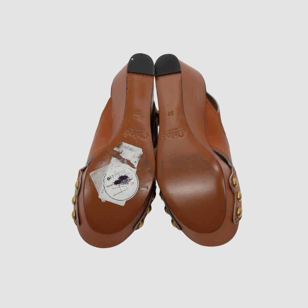 Cognac Camel Leather Mules Wedge Sandals