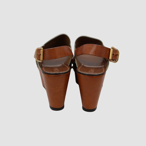 Cognac Camel Leather Mules Wedge Sandals