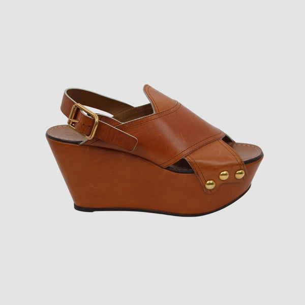 Cognac Camel Leather Mules Wedge Sandals