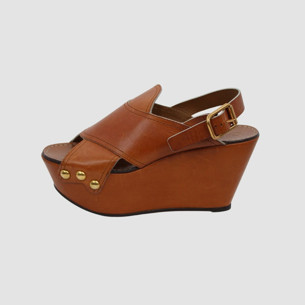 Cognac Camel Leather Mules Wedge Sandals