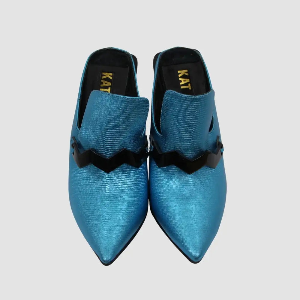 SkyBlue Leather Zigziag Embellishment Mule High Heel