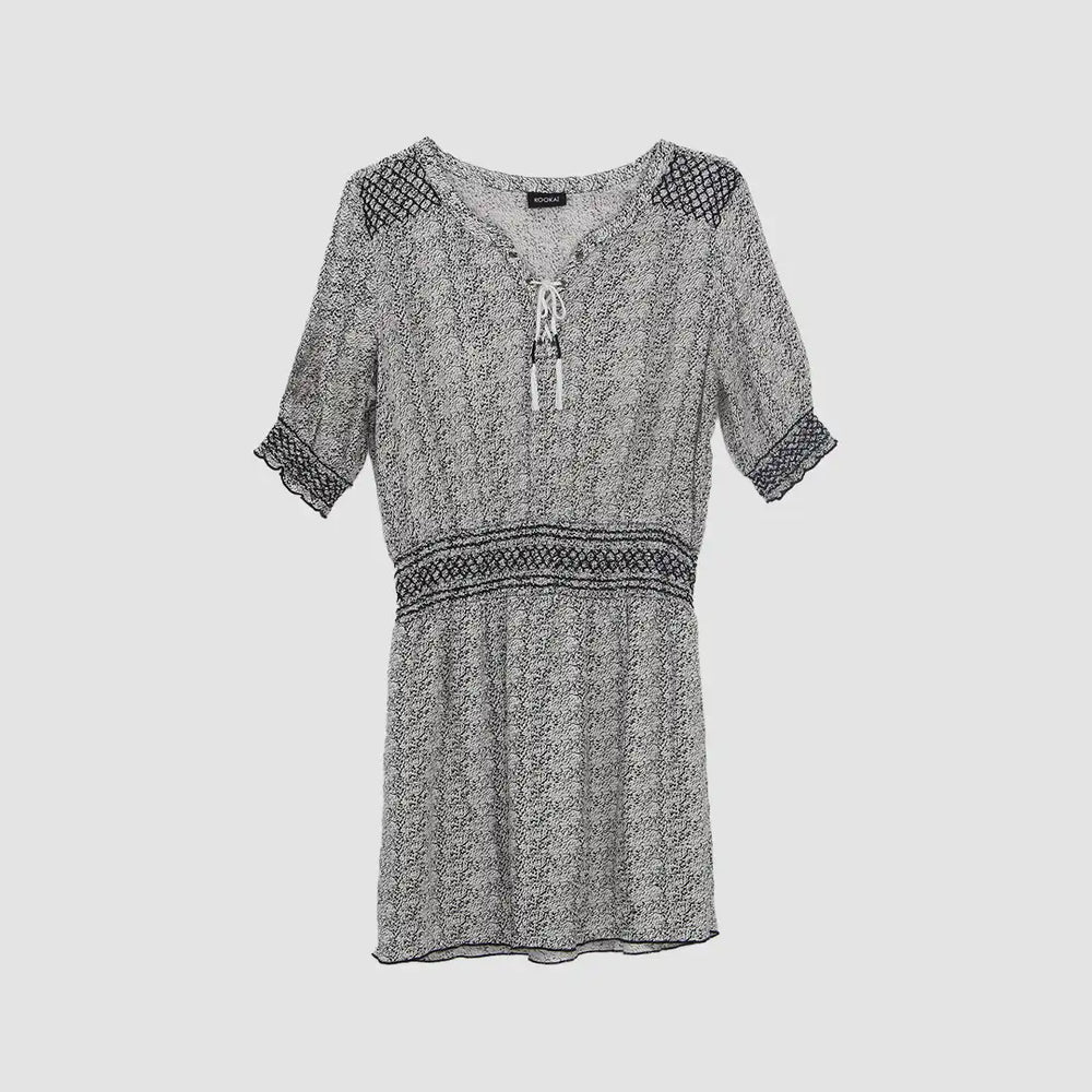 White Printed Drawstring Neckline Short Midi Dress